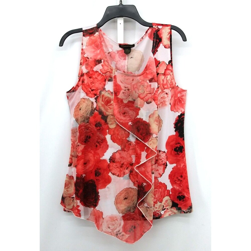 Susan Lawrence Shirt Womens Size M Orange Floral Ruffle Front Sleeveless Blouse